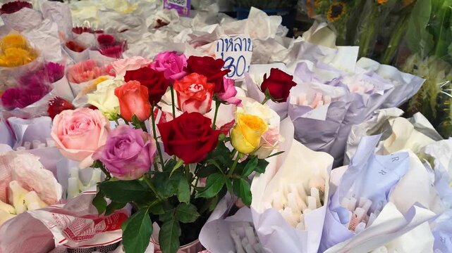 Fresh Colorful Rose Bouquets for Sale at Bangkok Flower Market