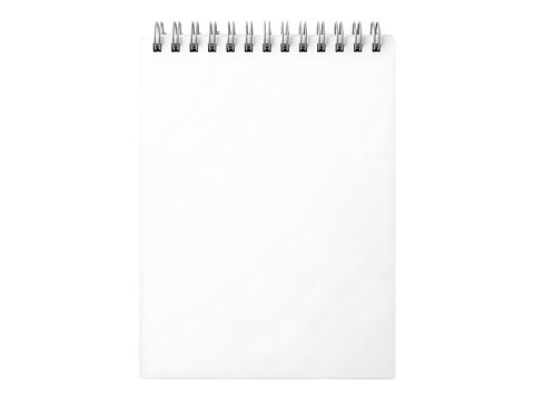 A clean vertical wire bound notepad with blank white pages on white background