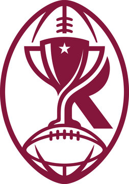 Rugby championship trophy logo design with ball and letter R vector graphic