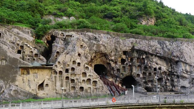 Aerial view of giant Vairocana Buddha, Longmen Grottoes, Luoyang, Henan, China, UNESCO World Heritage Site