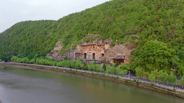 Aerial view of giant Vairocana Buddha, Longmen Grottoes, Luoyang, Henan, China, UNESCO World Heritage Site