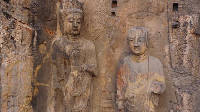 Aerial view of giant Vairocana Buddha, Longmen Grottoes, Luoyang, Henan, China, UNESCO World Heritage Site