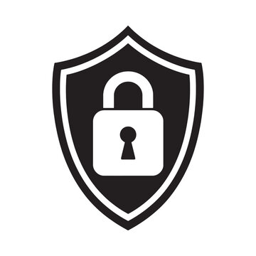 Security shield icon with a padlock representing safety and data protection cyber security secure access secured system locked icon black and white it network safety secure server