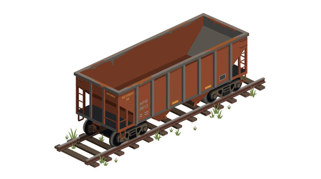 Isometric 3D render of an abandoned rusty railway hopper car on steel tracks over a white background