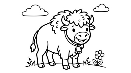 Obraz premium Fluffy cartoon yak with bell and flower grazing in grassy field under clouds.