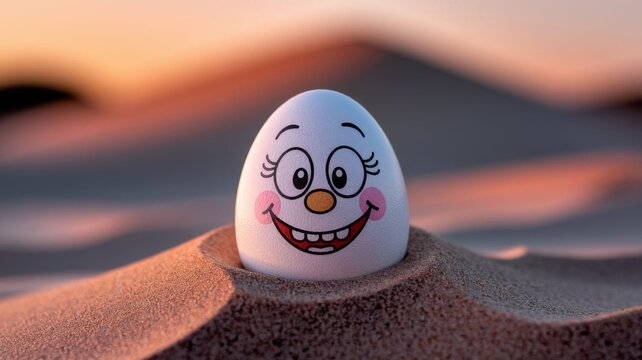 Funny Smiling Egg Character Buried in Beach Sand with Cartoon Face
