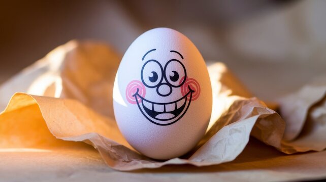 Funny Smiling Egg Character Buried in Beach Sand with Cartoon Face