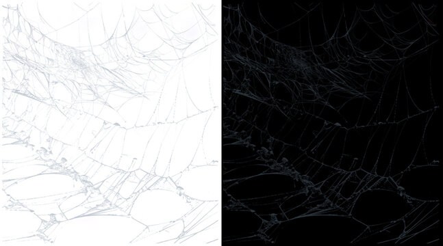 Intricate spider web textures, realistic cobweb overlays on black and white backgrounds, spooky halloween design elements