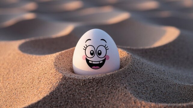 Funny Smiling Egg Character Buried in Beach Sand with Cartoon Face