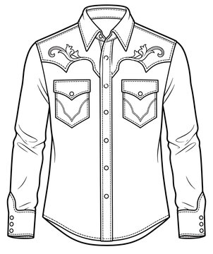 Western Cowboy Shirt with Embroidered Yoke and Chest Pockets Black and White Line Art