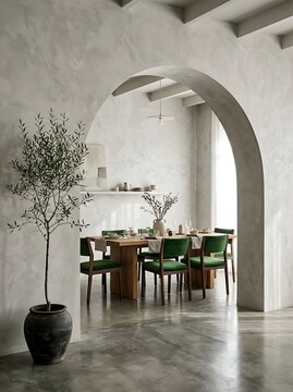 Minimalist dining room interior with white plastered walls, arched doorway, wooden dining table, green velvet chairs, olive tree in a pot, and polished concrete floor