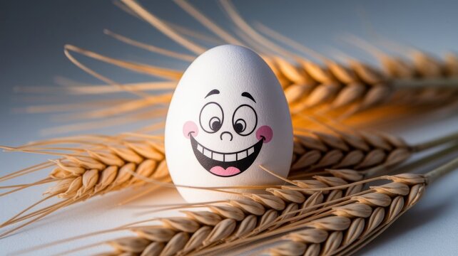 Funny Smiling Egg Character Buried in Beach Sand with Cartoon Face