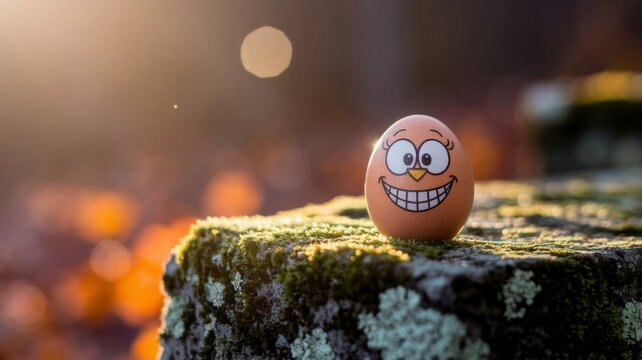 Funny Smiling Egg Character Buried in Beach Sand with Cartoon Face