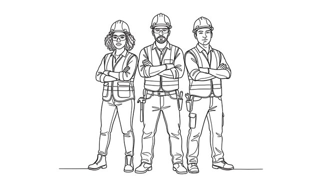Construction team line art illustration of three workers in hard hats standing together engineers