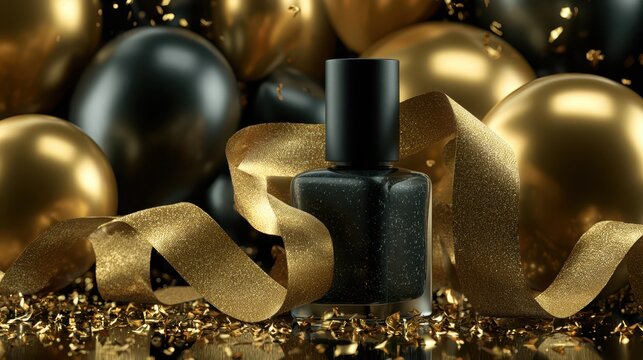 Elegant black nail polish bottle mockup surrounded by shimmering gold ribbon, balloons and festive confetti.