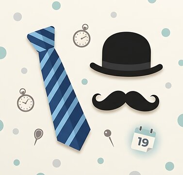 Gentleman accessories blue necktie bowler hat mustache pocket watch calendar icon on patterned