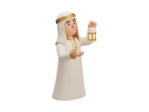 A 3d illustration of an arab man holding a lantern for ramadan celebration