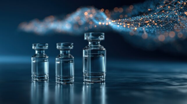 Transparent vials with glowing digital network background