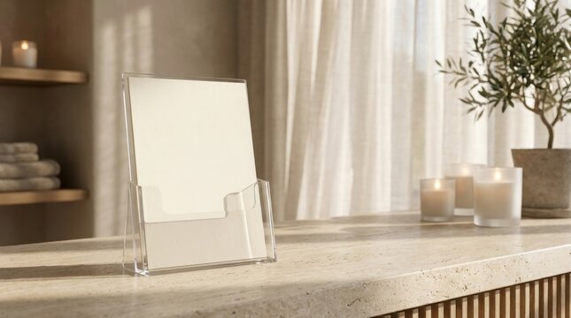 A blank acrylic counter card mockup sitting on a stone spa desk with candles and a small green tree.