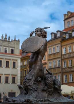 The iconic Mermaid of Warsaw Poland bronze statue in the Old Town Market Square