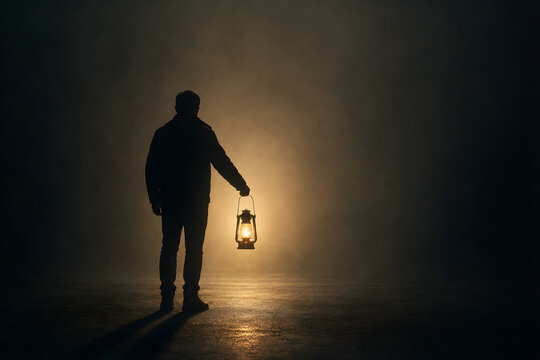 Silhouette man holding lantern in dark foggy night, glowing light illuminating mysterious misty surroundings