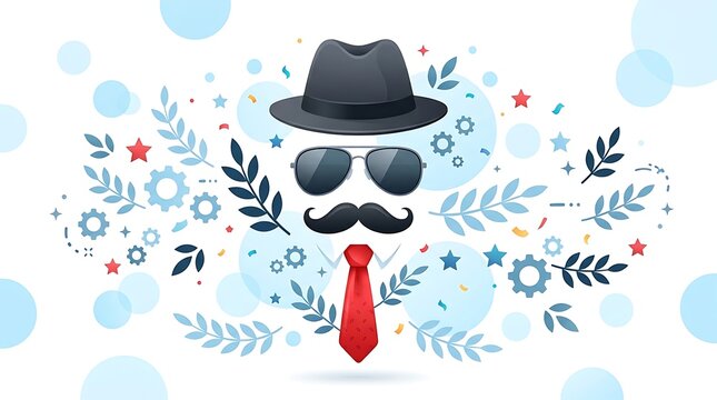Mens day celebration vector hat sunglasses mustache and red tie mustache celebration gentleman