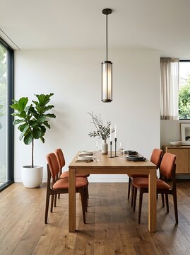 Modern dining room interior with a wooden table, orange upholstered chairs, pendant lighting, hardwood flooring, and a fiddle leaf fig plant against a white wall