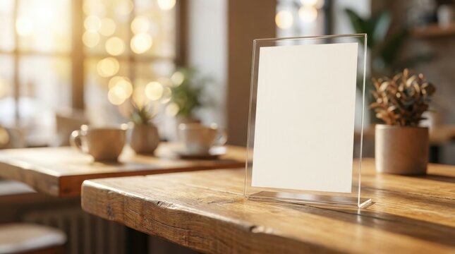 A blank white menu card in a clear acrylic stand on a wooden table with a blurred cafe background.