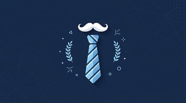 International mens day illustration, blue necktie and white mustache design on dark background