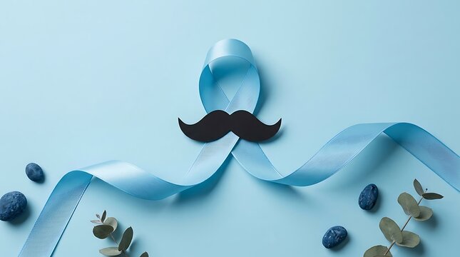 Prostate cancer awareness blue ribbon with black mustache on light blue background prostate