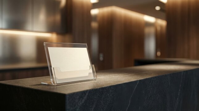 An ivory card in a clear acrylic holder stands on a dark stone reception desk in a hotel lobby.