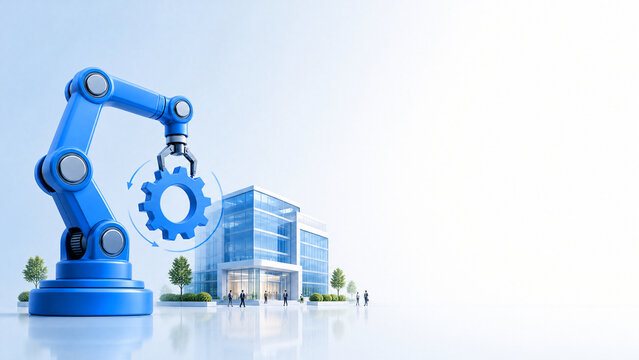 Corporate illustration of a robotic arm with a gear and a company building with small business people - business process automation concept banner with copy space on the right