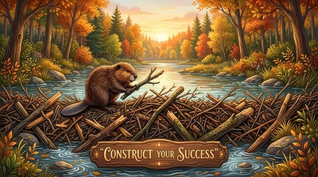 A beaver constructing its dam on a river amidst vibrant autumn foliage, with a motivational sign "Construct Your Success"