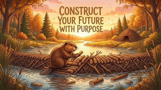A beaver diligently constructs a dam in a serene autumn forest landscape, symbolizing hard work, nature, and building a future with purpose
