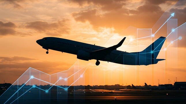 Airplane taking off at sunset with rising financial growth graph overlay
