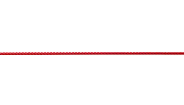 Single straight red cotton rope line stretched horizontally isolated on transparent background for web design.