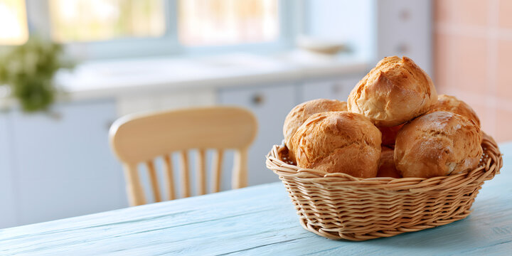 Creative food template. Wicker basket filled with rustic bread rolls on blue wooden counter with blur bright daylight contemporary kitchen background. copy text space