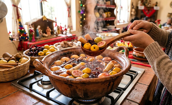 traditional Ponche Navideno in a large clay pot filled with tejocotes, guavas, sugar cane sticks, and hibiscus flowers,