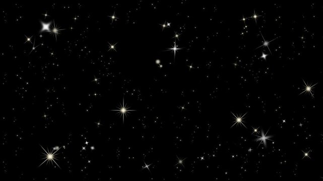 Twinkling stars on black background with sparkling light effects with video field twinkling stars against light rays