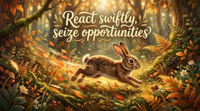 A brown rabbit running swiftly through an autumn forest, symbolizing seizing opportunities and quick action.
