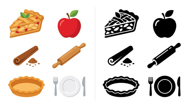 Collection of colorful and black and white icons representing ingredients and tools for baking an apple pie, including a slice of pie, apple, cinnamon, rolling pin, pie dish, and cutlery.