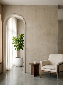Minimalist living room interior with concrete wall, archway, fiddle leaf fig plant in white pot, and cream armchair with side table