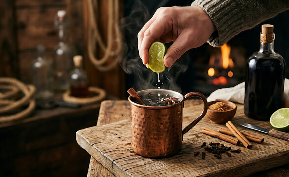 Making a traditional sailor�s hot grog, squeezing fresh lime over dark rum, raw sugar, 