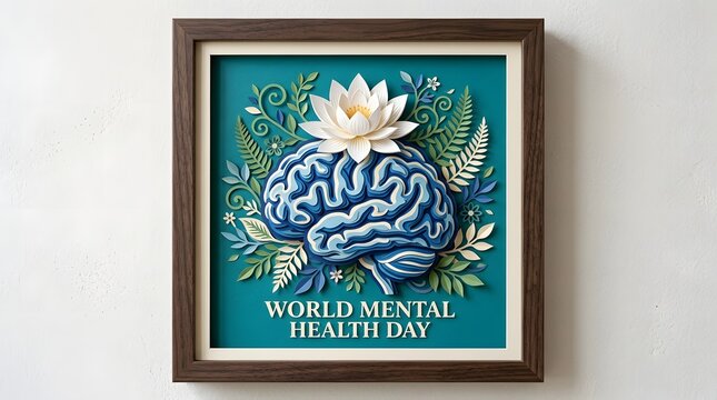 World Mental Health Day concept with human brain and lotus flower in a wooden frame.