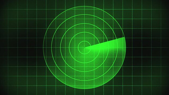 Green radar screen with spinning sweep on a grid background. Concept tracking system, surveillance, cyber security, navigation systems, travel, searching , military technology,. 4K Seamless Loop.