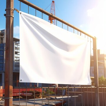 Blank white banner hanging on a metal construction site fence at sunset.