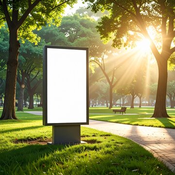 Blank vertical billboard standing in a sunny park with green trees and grass.