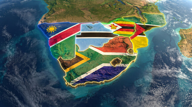 Southern africa regional map illustrating south africa namibia botswana and zimbabwe with glowing national borders.
