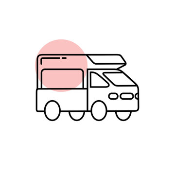 RV Camper Van Icon Featuring a Cab-Over Sleeper Roof and Compact Body in a Line Design on a Soft Pink Circle Background, Representing Road Trips, Camping Vacation, and Motorhome Travel