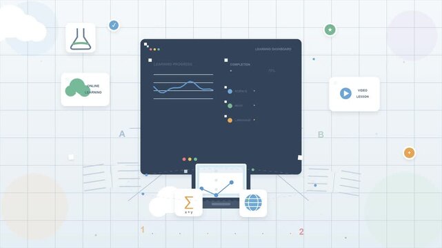 animated interface showing an online learning dashboard with charts, progress indicators, and educational icons floating against a grid background. The clean motion design highlights academic progress